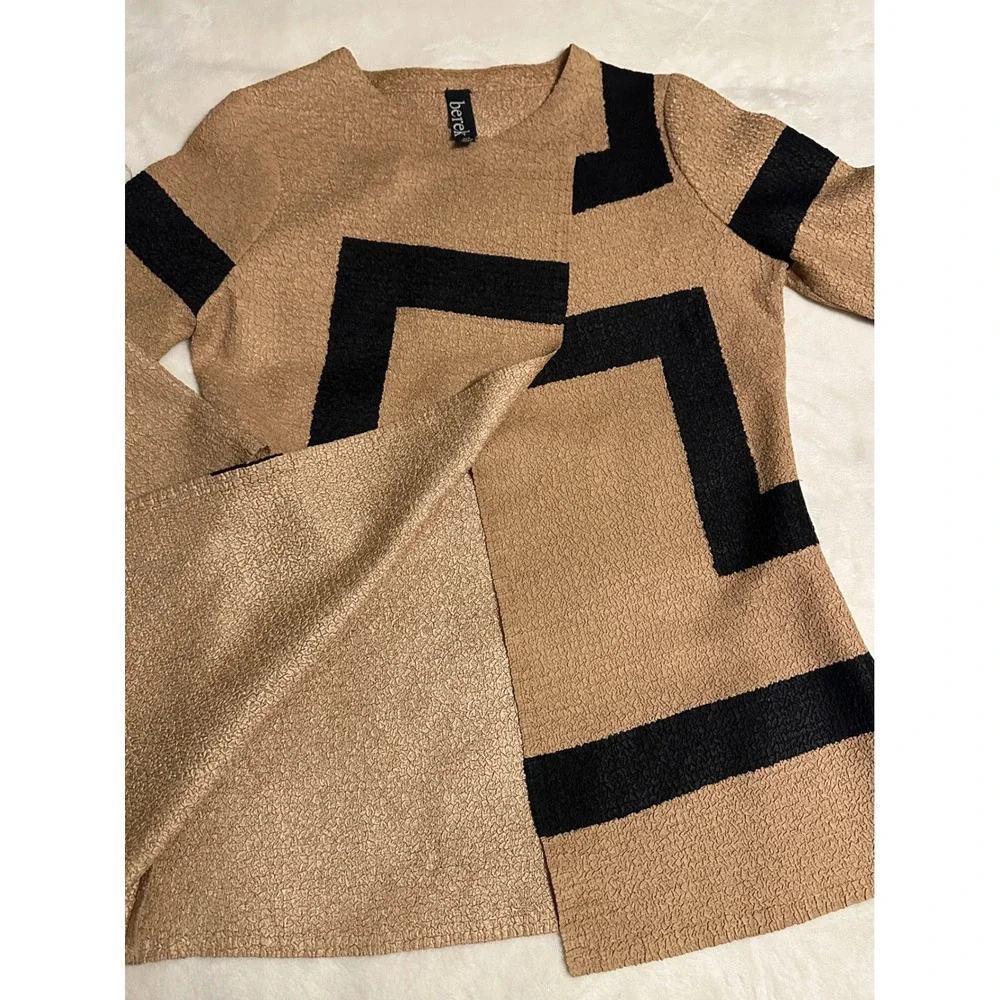 Berek Women Tan‎ Black Geometric Textured Open Front Cardigan Jacket PXS